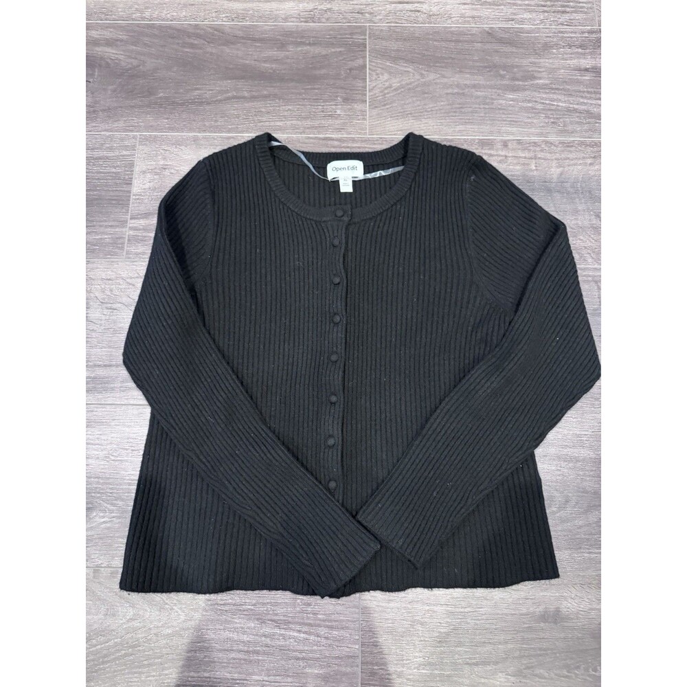 Open Edit Women’s, Button Front Cardigan, Black Ribbed, Long Sleeve, XL.